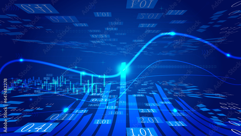 Poster bar chart with k-line fintech sense spatial concept background