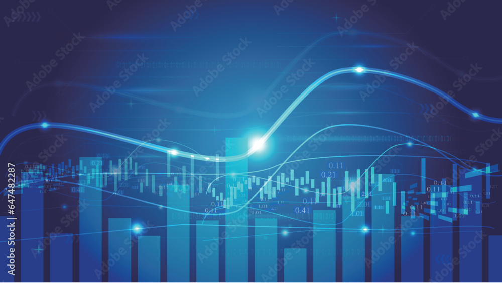 Poster bar chart with k-line fintech sense spatial concept background