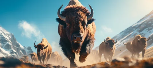 Fotobehang Buffel American bison herd. Generative AI technology.  