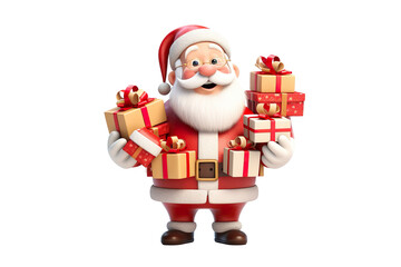 3D cartoon Santa and gifts isolated white background PNG