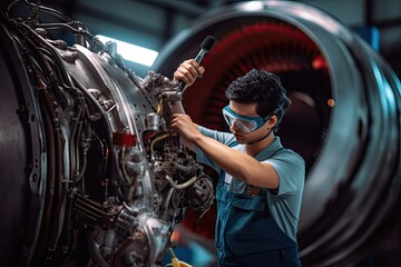 Aircraft mechanic inspecting jet engine in hangar at airport. Photo generative AI - obrazy, fototapety, plakaty