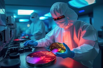Asian male technician inspects colorful wafer in sterile coverall at semiconductor plant. Photo generative AI