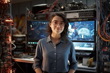 Casually dressed female STEM student in electrical engineering lab smiling at camera. Photo generative AI - obrazy, fototapety, plakaty