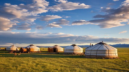 A group of Mongolian yurts on the steppes of Mongolia. 