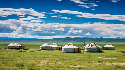 A group of Mongolian yurts on the steppes of Mongolia.  - obrazy, fototapety, plakaty