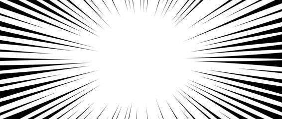 Radial speed lines background. Comic book explosion lines wallpaper. Abstract black and white flash effect frame design. Manga or anime cartoon ray beam sunburst. Vector light burst illustration