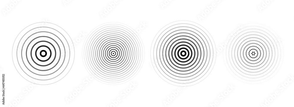Poster black concentric ripple circles set. dotted or linear sound wave rings collection. epicenter, target