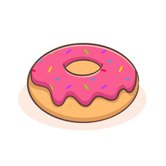 Doughnut with pink glaze and multicolored powder cartoon flat style. Fast food concept design. Isolated white background. Vector art illustration.