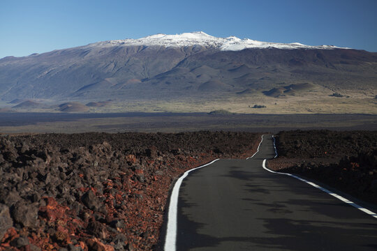 Lava Fields Of Mauna Loa, Mauna Loa Strip Road (Stainback Road), Snowcapped Mauna Kea; Island Of Hawaii, Hawaii, United States Of America