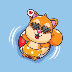 Cute squirrel in sunglasses float with buoy. 