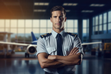 Portrait of an airplane pilot with his arms crossed in front of the airport - obrazy, fototapety, plakaty