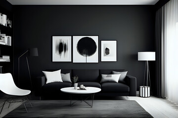 Black modern living room with sofa and three artwork mockups. Dark vibes of living room
