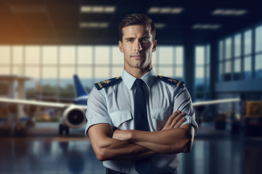 Portrait of an airplane pilot with his arms crossed in front of the airport