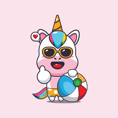 Cute unicorn in sunglasses with beach ball cartoon illustration. 