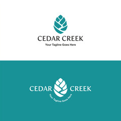 logo combination of cedar or pinecone and creek or river