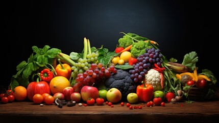 Studio shot of various fruits and vegetables isolated on black background. Top view. High resolution products