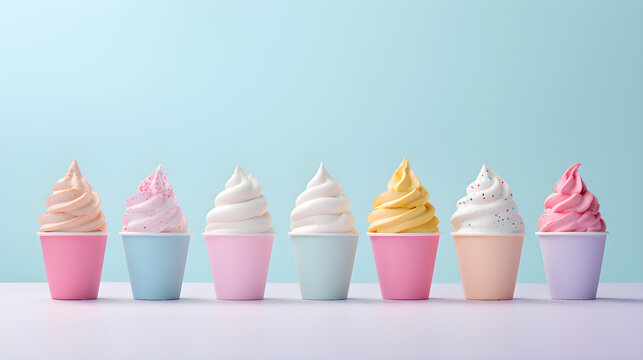 Mockup Ice cream scoop on ​pastel colourful blank empty paper cup bowl on bright colorful background.