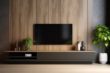 Cabinet TV in modern living room with decoration on wooden wall background, Generative AI 