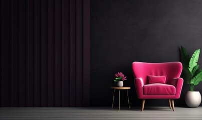 Dark wall background mockup with viva magenta armchair furniture and decor of the year 2023, Generative AI 