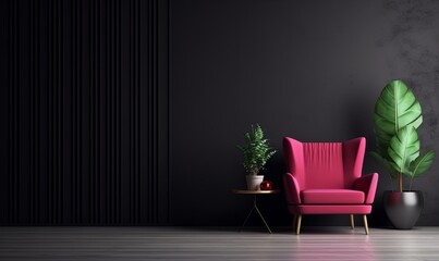 Dark wall background mockup with viva magenta armchair furniture and decor of the year 2023, Generative AI 