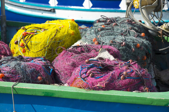 Fishing Nets In Fishing Boat; Marsaxlokk,  Malta