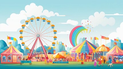 A colorful carnival or funfair scene with rides and happy people - obrazy, fototapety, plakaty