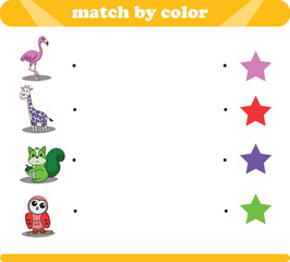 Color matching logic game with cute animal drawings flamingo giraffe squirrel owl