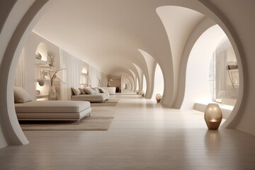 White Hallway Leading into Cozy Living Room with Modern Decor, Copy Space