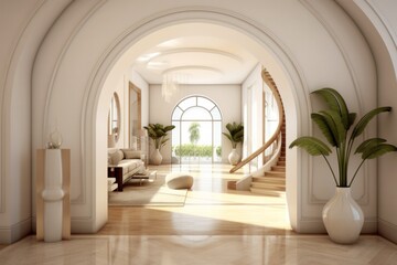 Fototapeta na wymiar White Hallway Leading into Cozy Living Room with Modern Decor, Copy Space