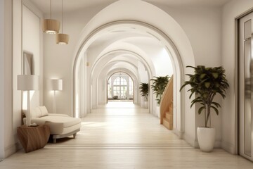 White Hallway Leading into Cozy Living Room with Modern Decor, Copy Space