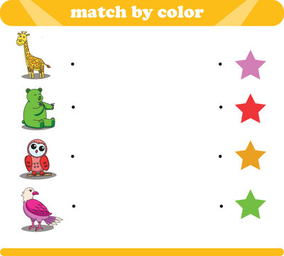 Color matching logic game with cute animal drawings giraffe bear owl eagle