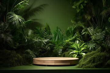 Wood pedestal in tropical forest for product presentation and green wall, Generative AI 