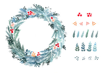 落ち着いた色彩の水彩で描かれたクリスマス・リース