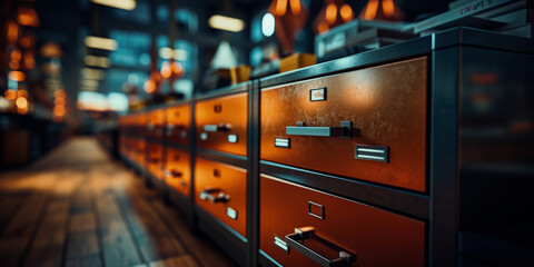Fototapeta na wymiar Row of filing cabinets in the library. Selective focus. Toned.