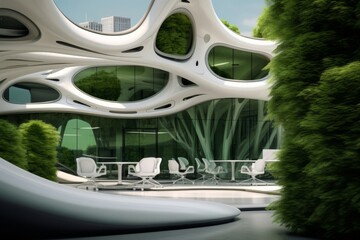 Modern Office Design with Curving Shapes amidst Serene Natural Surroundings