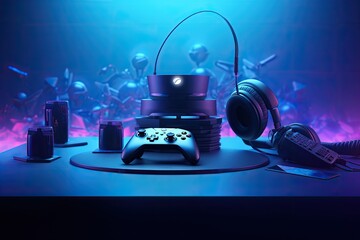 High-tech gaming gear. sleek black joystick, headphones, console on vibrant blue backdrop. Concept of digital fun.