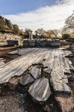 Broken Ground And Columns At A Ruins Site; Philippi, Greece