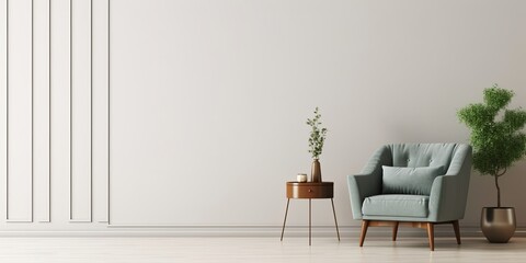 The interior has a armchair on empty white wall background, Generative AI 