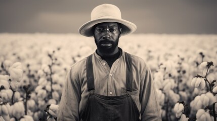 Slave in a cotton field, Concept: suppression, 16:9, copy space - obrazy, fototapety, plakaty