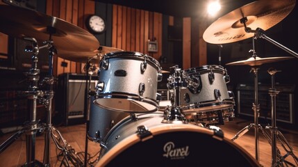 Fototapeta na wymiar drums set and amplifiers in a music studio