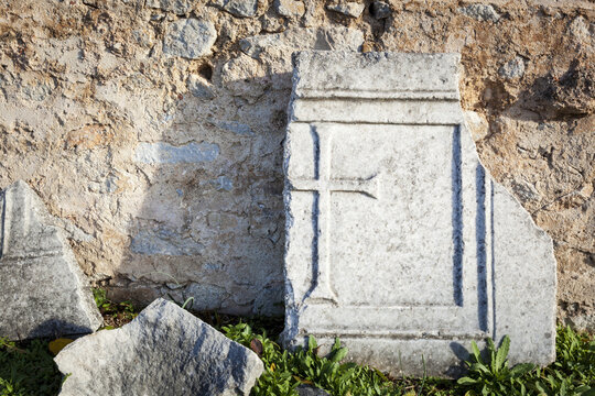 Broken Stone Tablet With Cross Etched; Philippi, Greece