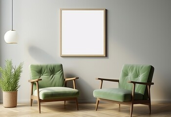 Mock up poster frame in modern interior background with green armchair and accessories in the room, Generative AI 