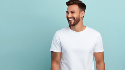 Smile boy fit in Frame wearing bella canvas white shirt mockup,  isolated color background