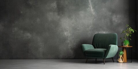 Style loft interior with dark green armchair on dark cement wall, Generative AI 