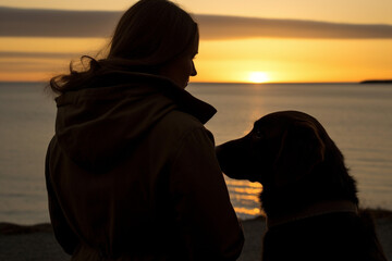 Woman and her dog watching the sunset at the beach
