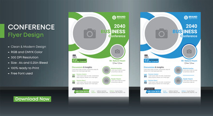 Conference business flyer vector design template. Design template Geometric shape used for business flyer layout. Conference flyer, Business flyer, and leaflet. Flyer in A4 with Bleed
