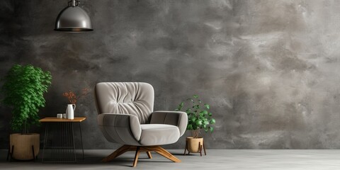 Style loft interior with gray armchair on dark cement wall, Generative AI 