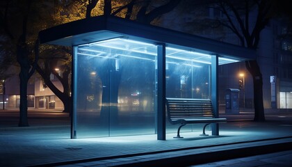 Nighttime Bus Shelter with Traffic Light Illumination