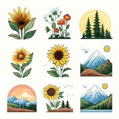 Nature Icons: Icons of trees, mountains, and a sunflower for nature lovers.Generated with AI