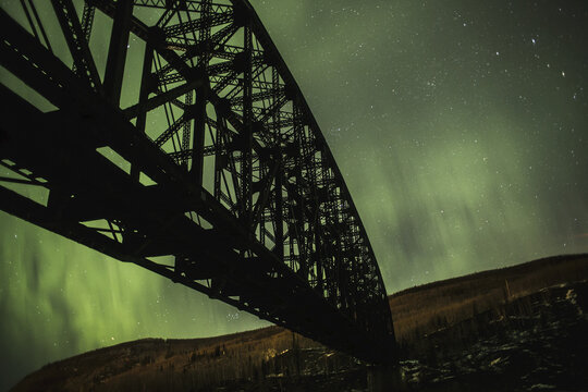 Mears Memorial Bridge And Northern Lights; Alaska, United States Of America